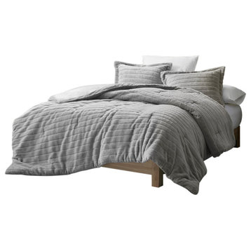 Madison Park Amara Striped Faux Fur Plush Comforter Mini Set, Grey, Grey, King/C