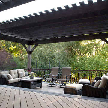 Timber Frame Tiered Pergolas, Deck, Ornamental Metal Railings