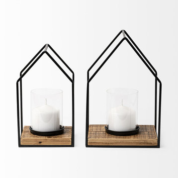 Leopold 2-Piece Set Black Metal Wooden Base Table Candle Holders