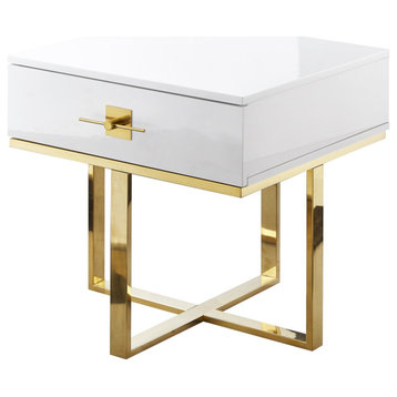 Moku Side Table, 1 Drawer, White and Gold