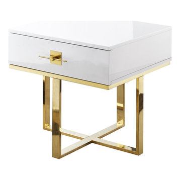 Moku Side Table, 1 Drawer, White and Gold