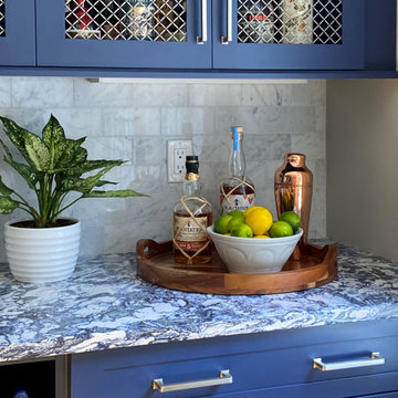 Open Concept with Blue and White Kitchen