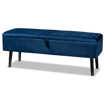Caine Navy Blue Velvet Fabric Upholstered Dark Brown Finished Wood Storage Bench