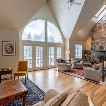 Select Hickory Plank Flooring, Living Area with Stone Fireplace