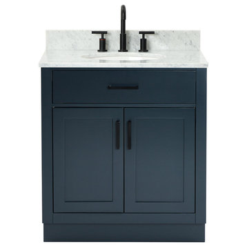 Ariel Hepburn 31" Oval Sink Bath Vanity, Midnight Blue, 0.75" Carrara Marble