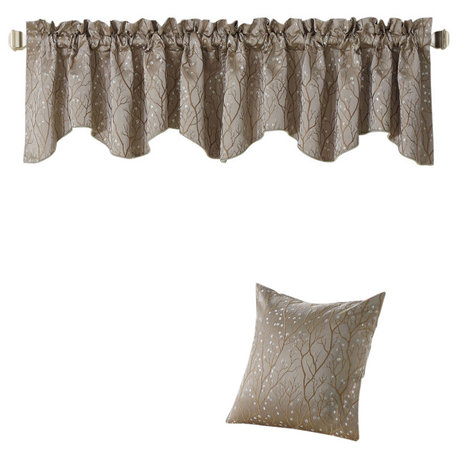 Branch Jacquard Valance and Pillow Shell Sets , Khaki, 20" X 20" / 56" X 19"