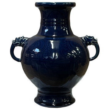 Chinese Dark Navy Blue Glaze Ceramic Dragon Ears Vase Display Hws2609