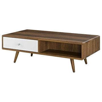 Retro Coffee Table, Wooden Top With Compartments & Rounded Corners, Walnut/White