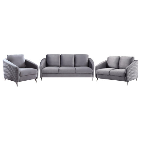 Sofia Gray Velvet Fabric Sofa Loveseat Chair Living Room Set