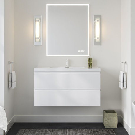 MOB Bath Vanity, High Gloss White, 42", Single Sink, Wall Mount