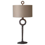 Uttermost - Uttermost 27663 Ferro - One Light Table Lamp - Hammered Cast Iron Finished In An Aged Rust Bronze. The Round Hardback Drum Shade Is A Rust Beige Linen Fabric.   Matthew Williams Shade Included: YesFerro One Light Table Lamp Aged Rust Bronze Rust Beige Linen Fabric Shade *UL Approved: YES *Energy Star Qualified: n/a  *ADA Certified: n/a  *Number of Lights: Lamp: 1-*Wattage:150w 3-Way bulb(s) *Bulb Included:No *Bulb Type:3-Way *Finish Type:Aged Rust Bronze