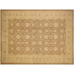 Bareens Designer Rugs - Oriental Ziegler Audry Brown Tan Hand-Knotted Wool Rug - 12'0'' x 17'7'' - Enhance the ambiance of your home with this magnificent Persian-influenced Turkish hand-knotted rug made by skilled artisans capable of creating the most exceptional vegetable dyes and hand-spun wool. This exquisite handmade rug is a one-of-a-kind Peshawar Kafkaz, otherwise identified as Chobi, Chobi Peshawar, Oushak, or Ziegler rug. These handmade rugs are crafted in Pakistan utilizing superior-quality wool imported from Australia, New Zealand, and Korea in two types of weaves: the Persian weave and the Mori weave. This rug is meticulously crafted by hand using the finest natural vegetable dyes extracted from local plants. The artisans use a blend of hand-spun local and fine merino wool, resulting in a rug with a compelling texture, higher lanolin content, and longer staple. The artisans occasionally incorporate natural or artificial silk into the pile to enhance specific motifs. The finished product is an awe-inspiring execution of flawless design and an understated palette that exudes elegance.
