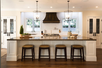 Large transitional single-wall medium tone wood floor kitchen pantry photo in San Diego with an undermount sink, recessed-panel cabinets, white cabinets, marble countertops, white backsplash, terra-cotta backsplash, stainless steel appliances and an island