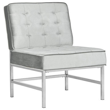 Elegant Accent Chair, Chrome Base and Light Grey Velvet Seat With Deep Tufting
