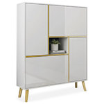 Homary - White Modern Shoe Storage Cabinet 17-Pair 2 Doors, Shelves and Pull-Down Drawer - Arrange your shoes neatly with this modern functional shoe cabinet. This shoe cabinet is stylish and has ample space to keep your collection of footwear hidden. Founded atop four slanted legs, its manufactured wood frame features a clean-lined silhouette and gold finish for a sophisticated look. For greater convenience, you just need to press the doors to reveal storage shelves and drawers, which provides ample space for sneakers, dress shoes, and boots. Otherwise, it comes with a small compartment in the middle to offer extra storage space for displaying any decorative accents. Straighten out a cluttered footwear collection with this practical piece.
