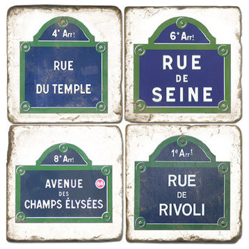 Tumbled Marble Coaster St/4 With Coaster Stand, Paris Street Signs