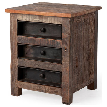 HomeRoots Medium Brown Wood Square Top End Table With Rustic Metal Drawers
