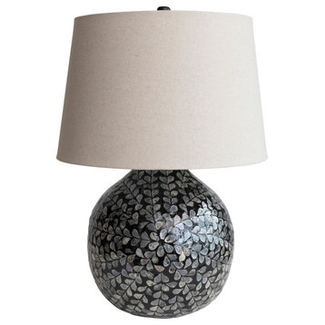 Capiz Sphere Table Lamp With Floral Design and Linen Shade, Multicolor