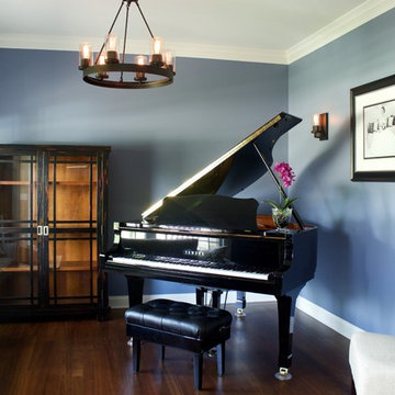 Piano Room with Edison Bulb Chandelier, sconces ft. Nearly Natural Phalaenopsis