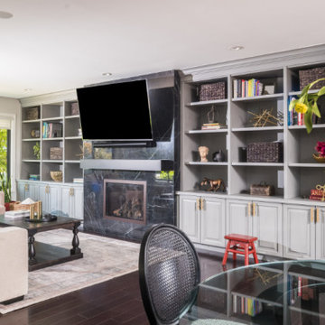 Modern Living Room with Built-In Shelving and Fireplace