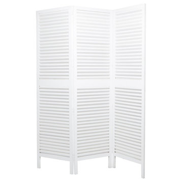 Traditional 3 Panels Room Divider, Mango Wood Frame With Louvered Accents, White