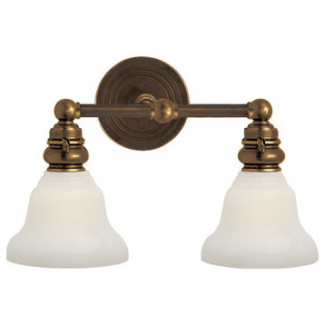 Wall Sconce, 2-Light Hand-Rubbed Anique Brass, White Glass Desk Shade, 9"H
