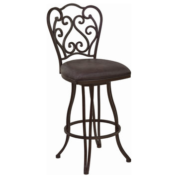 Metal Scroll Design Open Back Barstool With Fabric Padded Seat, Gray