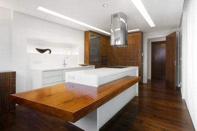 Inspiration for a mid-sized contemporary single-wall dark wood floor eat-in kitchen remodel in Other with a single-bowl sink, flat-panel cabinets, white cabinets and an island