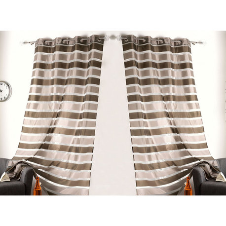 Striped Sheer Curtain Panel, Light-Filtering Drape, 95 x 55 Inches, Brown/Beige, Set of 2