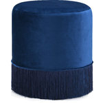 Meridian Furniture - Teddy Velvet Upholstered Ottoman/Stool, Navy - Bring a touch of romance to your space with this frilly Teddy Navy Velvet Ottoman/Stool. A fringed border of tassels surrounds the bottom perimeter of the stool, giving it a somewhat Bollywood-inspired vibe. The stool itself is upholstered in velvet for a posh feel and sumptuous look wherever you choose to use it. Put it in the living room as a fun and exciting accent and prop for your feet, or use it in the bedroom for a bit of boudoir inspiration.