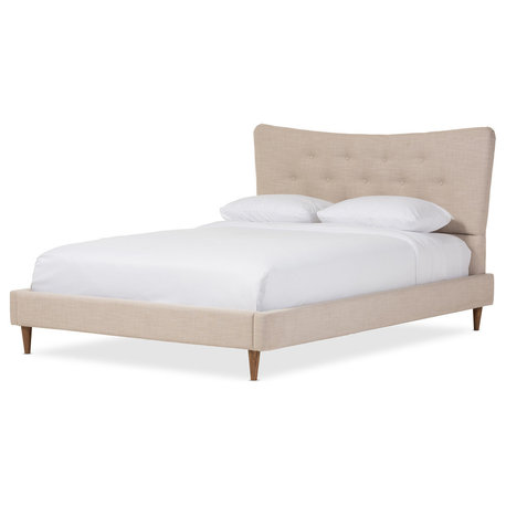 Hannah Mid-Century Modern Linen Platform Bed, Beige, Queen