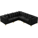 Meridian Furniture - Tremblay Modular Sectional, Black, L-Shaped, 5-Piece: Armless (2), Corner (3) - Lean back and relax on this Tremblay sectional. Featuring soft black velvet upholstery with deep button tufting, this sectional adds a bold touch to any living space. A complete set of gold and chrome legs are included, so you can change it up to suit your home decor. This sectional is modular, so you can create infinite configurations with it, which are easily attached using the latch underneath the frame. Its contemporary design is perfect for the modern home.