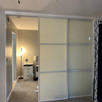 Top Hung Room Dividers White Frame White Laminated Glass 3 panel / 3 track.