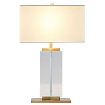 Clear Crystal Column With Gold Metal Frame and White Shade Table Lamp