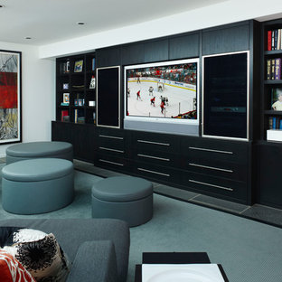 Photo of a contemporary home cinema in Detroit with a built-in media unit.