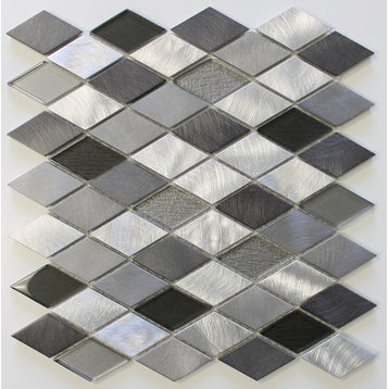 Kings Cross Diamond Brushed Aluminum and Glass Mosaic Tile, 12"x12"