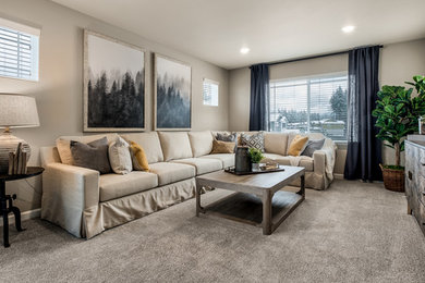 Game room - mid-sized shabby-chic style open concept carpeted and beige floor game room idea in Seattle with beige walls, no fireplace and a wall-mounted tv