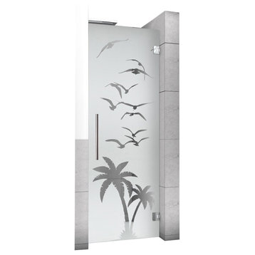 Swing Shower Door with Palm & Bird Design, Semi-Private, 28"x70" Inches, Right