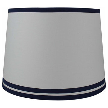 French Drum Shade, Off White Cotton, 12x14x10", Navy Blue Double Trim