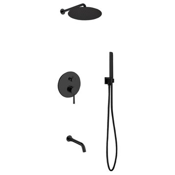 Aqua Rondo Matte Black Shower Set, 12" Rain Shower, Handheld and Tub Filler