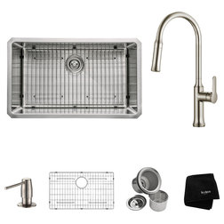 Contemporary Kitchen Sinks Kraus 30" Undermount Kitchen Sink, Faucet With Dispenser, Stainless Steel