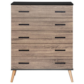 Better Home Products Eli Mid-Century Modern 5 Drawer Chest in Black & Sonoma Oak