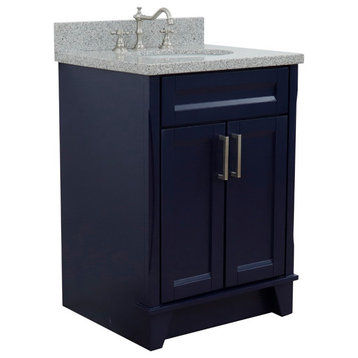 25" Single Sink Vanity, Blue Finish With Gray Granite And Oval Sink
