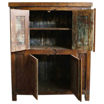 Consigned Antique Cabinet, Rustic Spanish Carved Teak Wood Cabinet