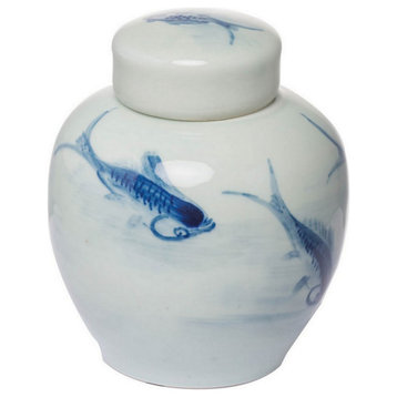 Benzara BM286405 8" Lidded Ginger Jar, Painted Koi Fish, White Blue 2-Piece Set