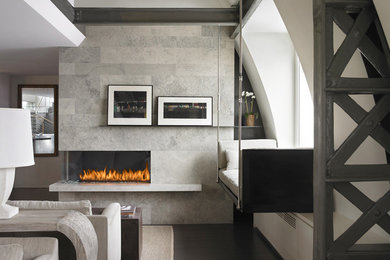 Large minimalist enclosed brown floor living room photo in Vancouver with gray walls, a ribbon fireplace and no tv