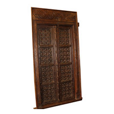Consigned Antique Carved Wooden Door With Metal Fittings & Frame Teakwood
