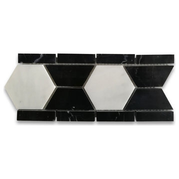 Carrera White Marble 3" Hexagon Mosaic Border Listello Tile Polished, 1 sheet