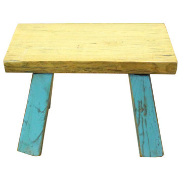 Raw Wood Top Finish Blue Legs Rectangular Short Stool Table Hcs5604