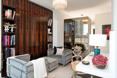 Trendy built-in desk home office photo in Dallas with white walls